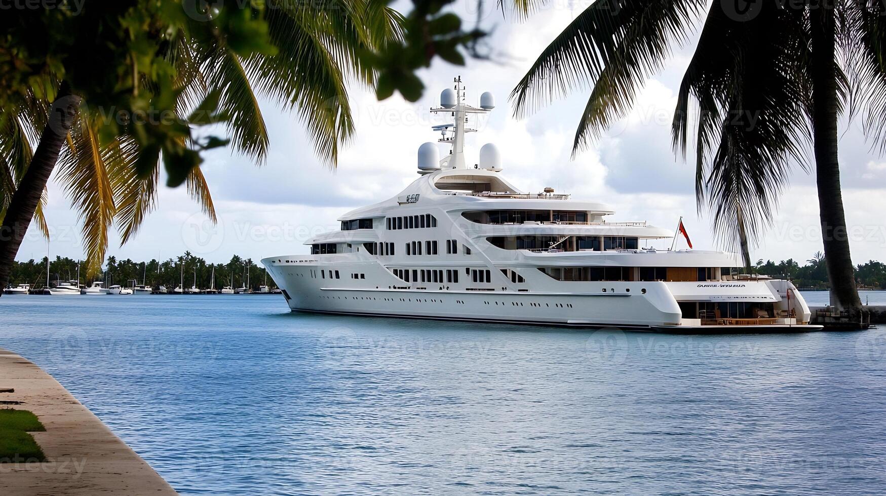 Luxurious white yacht docked by tropical palm trees in azure waters photo