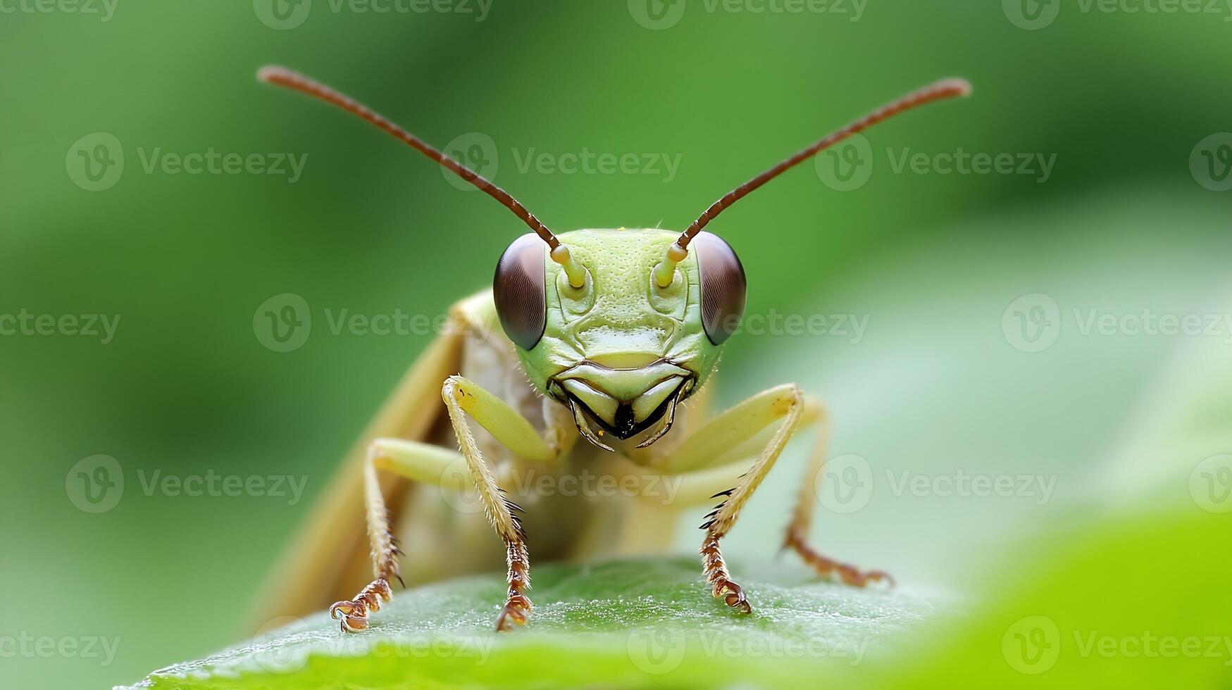 Close Up Macro Shot of Green Grasshopper on Leaf with Bokeh Background photo