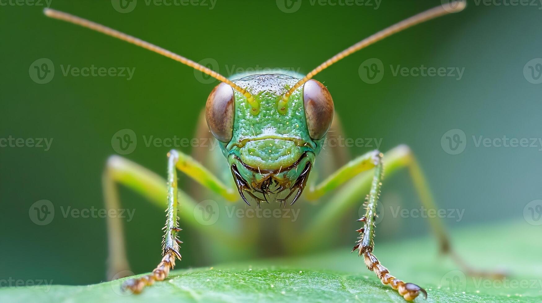 Macro Close Up of Green Grasshopper on Leaf with Blurred Background photo