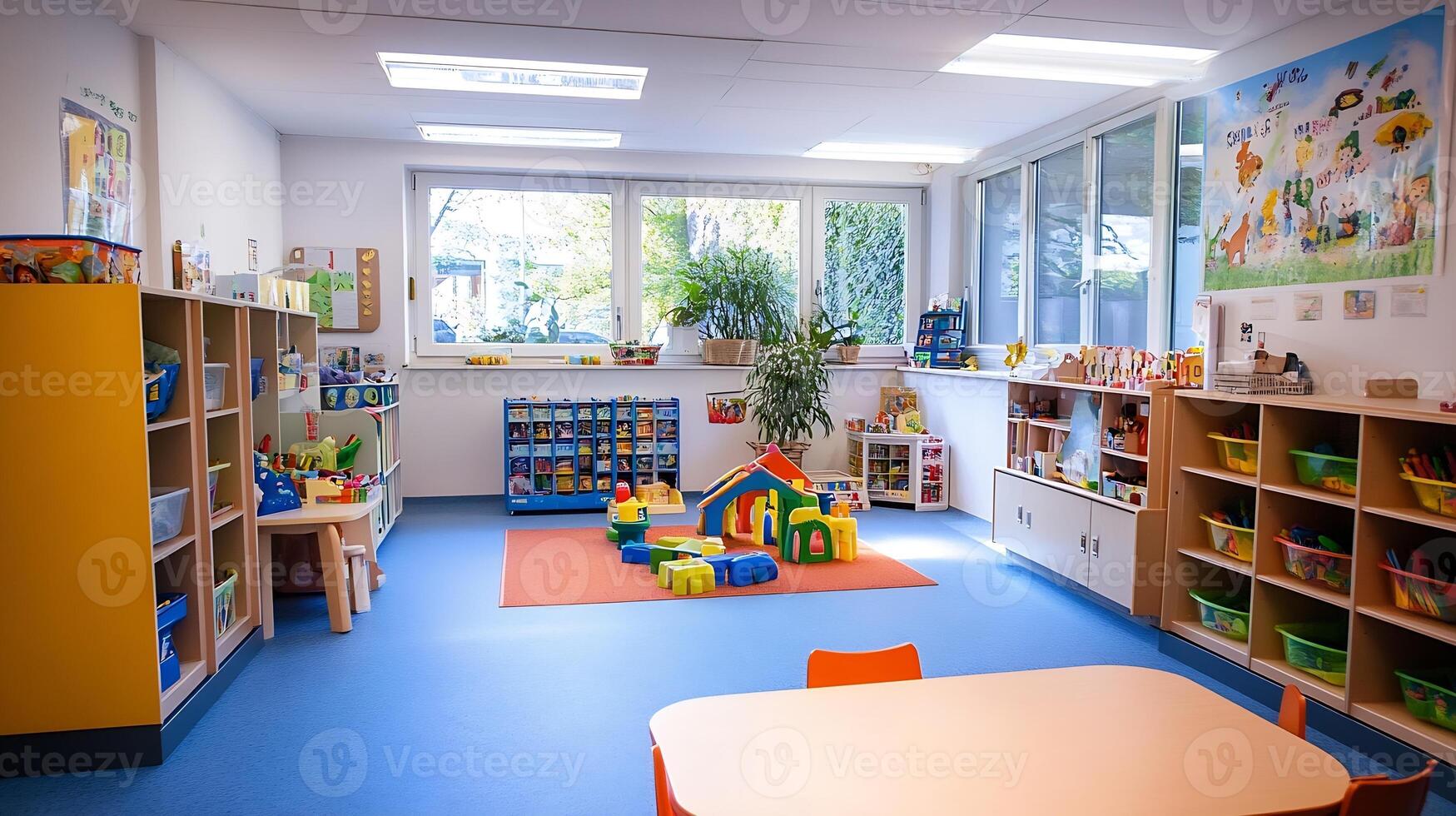 Colorful and Organized Preschool Classroom with Educational Toys and Learning Materials photo