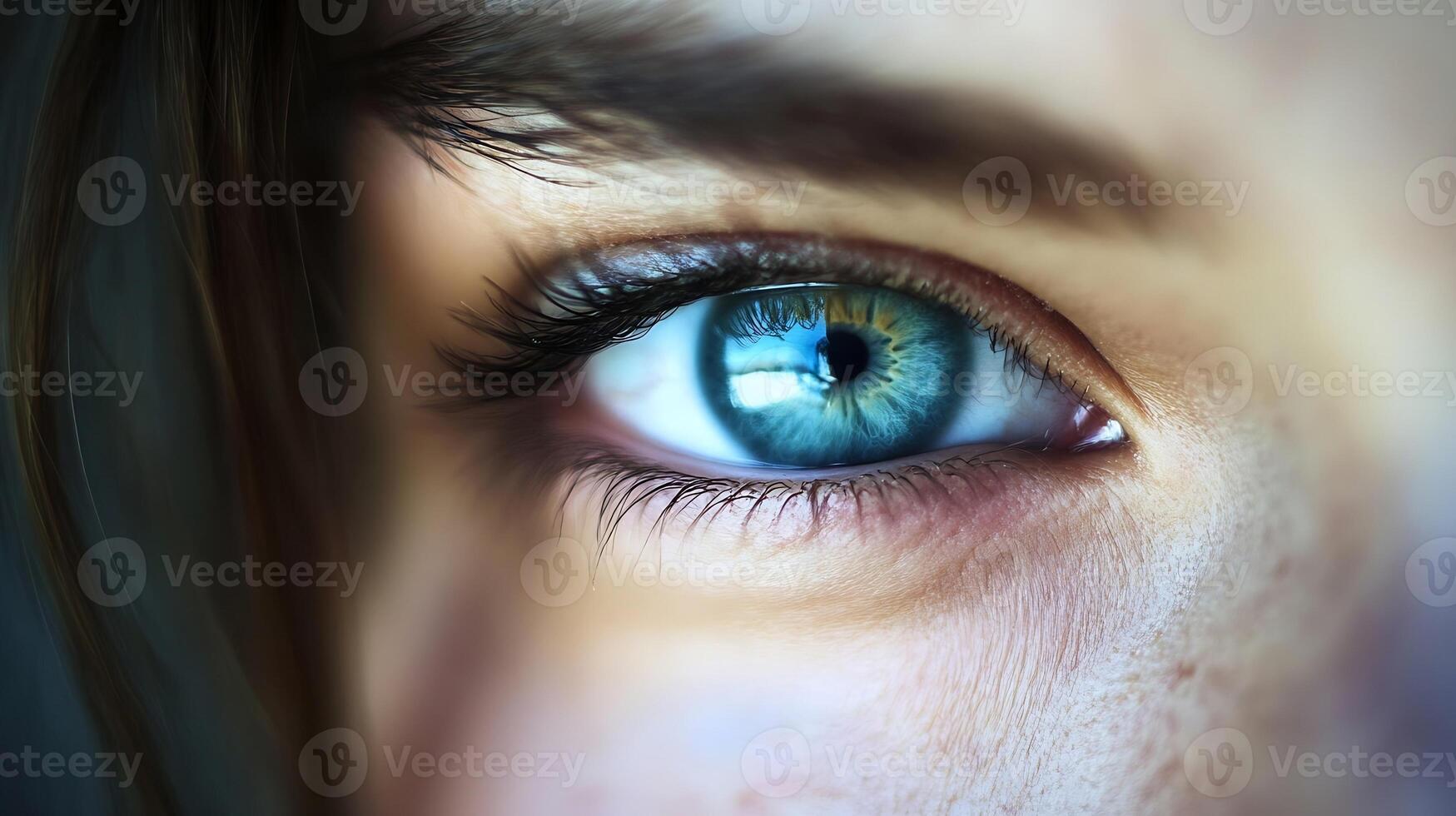 Macro shot of a vibrant blue human eye with intense focus depicting emotion photo
