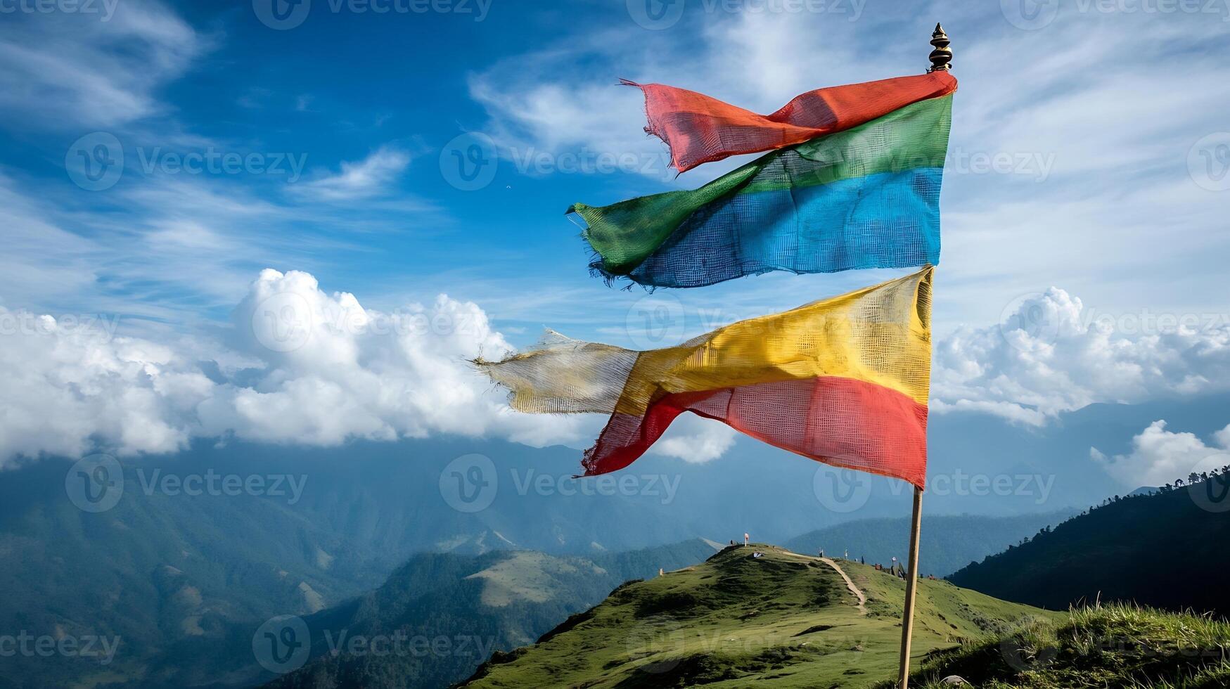 Vibrant Tibetan Prayer Flags on Mountain Overlook with Cloudy Sky photo