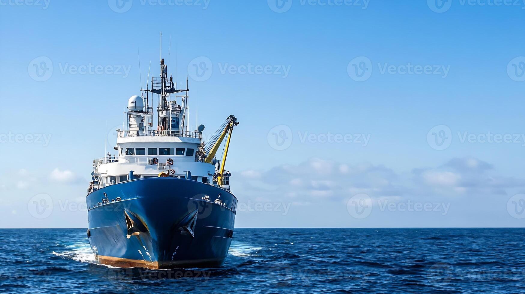 Large Blue Research Vessel Navigating Open Ocean Exploration Under Clear Sky photo