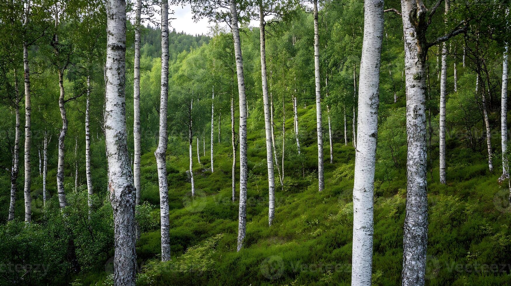 Tranquil Birch Tree Forest with Lush Greenery for Nature-Themed Relaxation photo