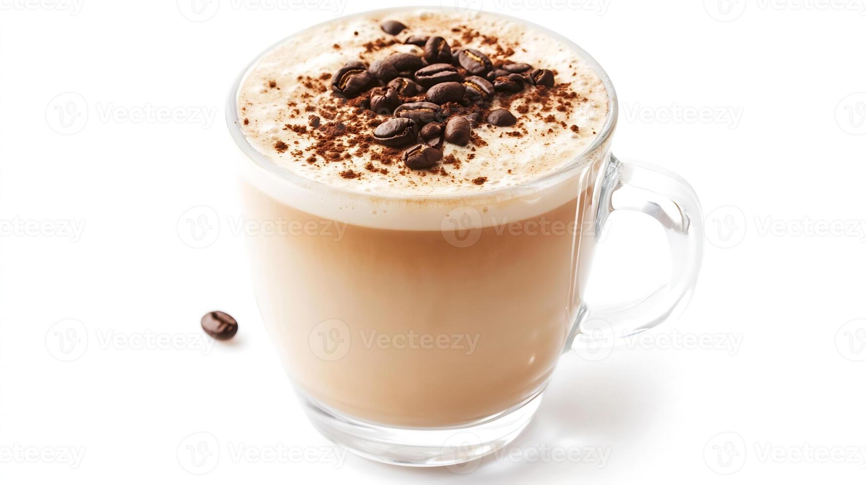 Delicious creamy cappuccino topped with coffee beans and cocoa on a white background photo