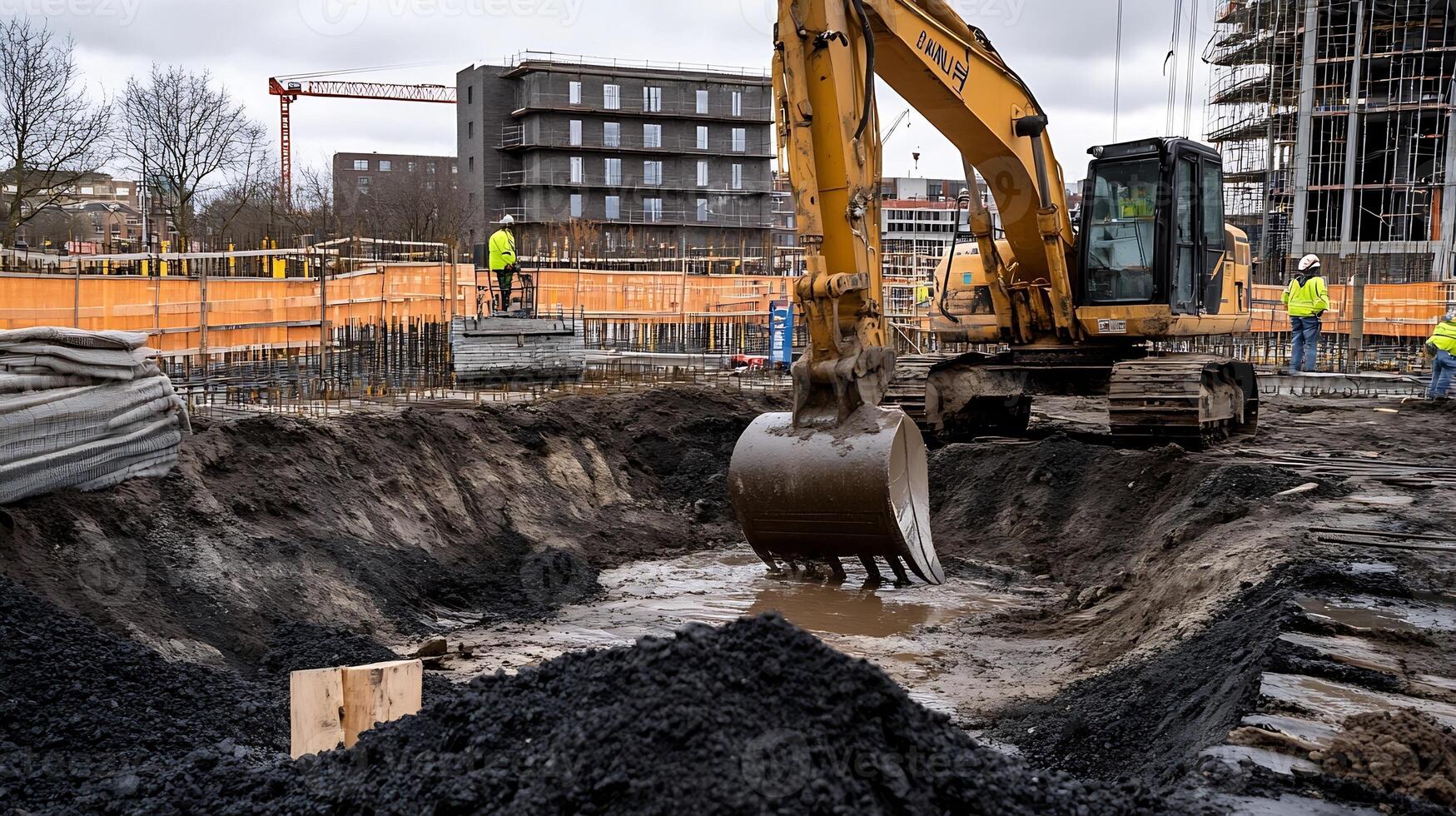 Construction Site with Excavator in Operation Amidst Urban Development Project photo