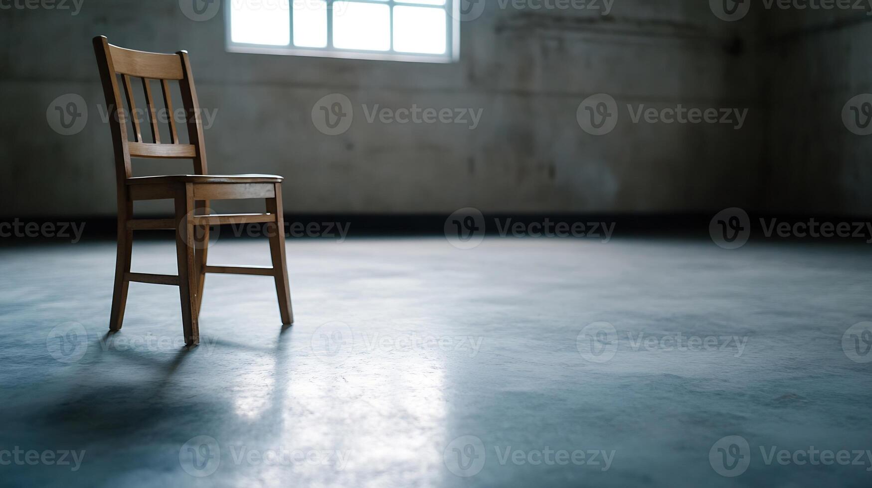 Wooden chair isolated in spacious empty room with soft daylight and rustic walls photo