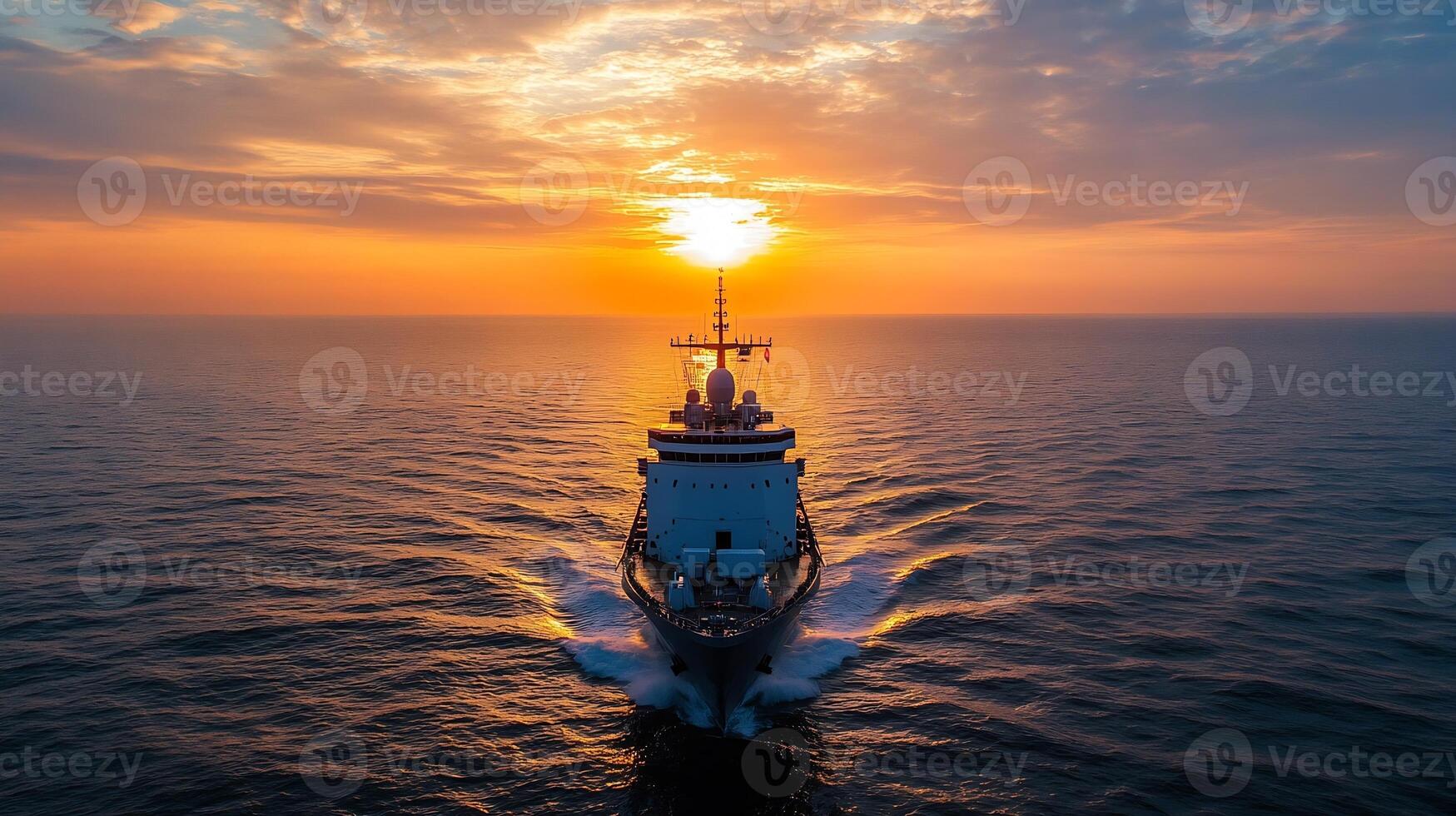 Majestic Naval Vessel at Sunset Navigating Through Calm Ocean Waters with Vibrant Skies photo