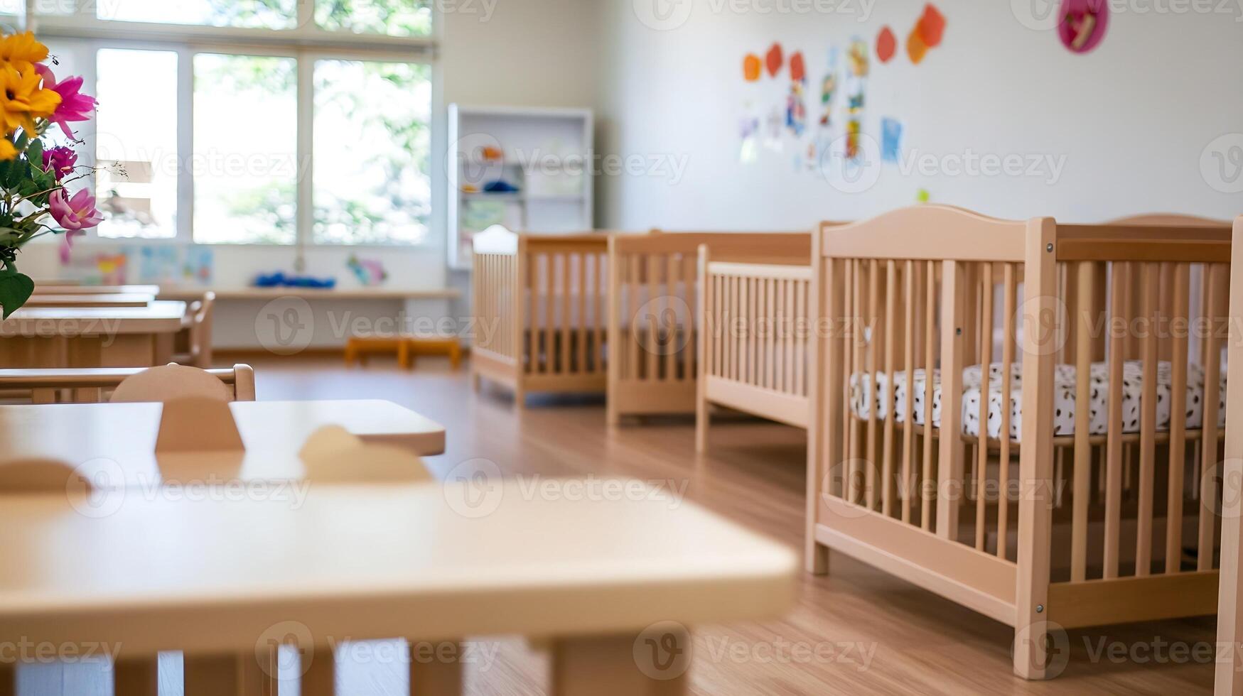 Spacious Preschool Classroom with Cribs and Playful Decor for a Warm Learning Environment photo