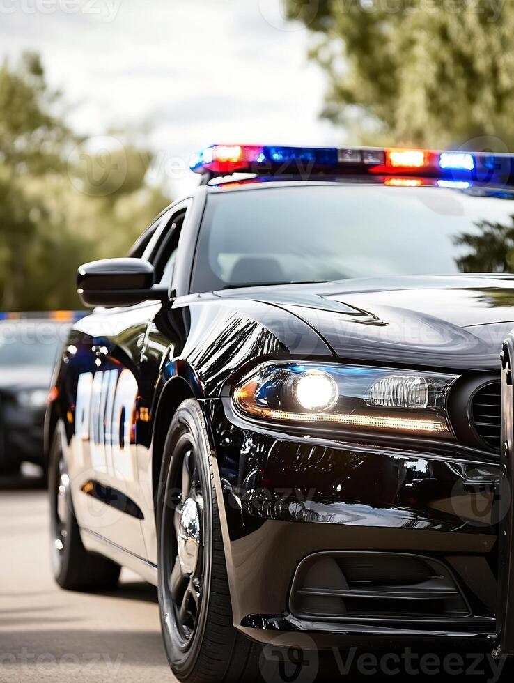 Sleek Black Police Car with Flashing Lights in Urban Setting for Law Enforcement and Security photo
