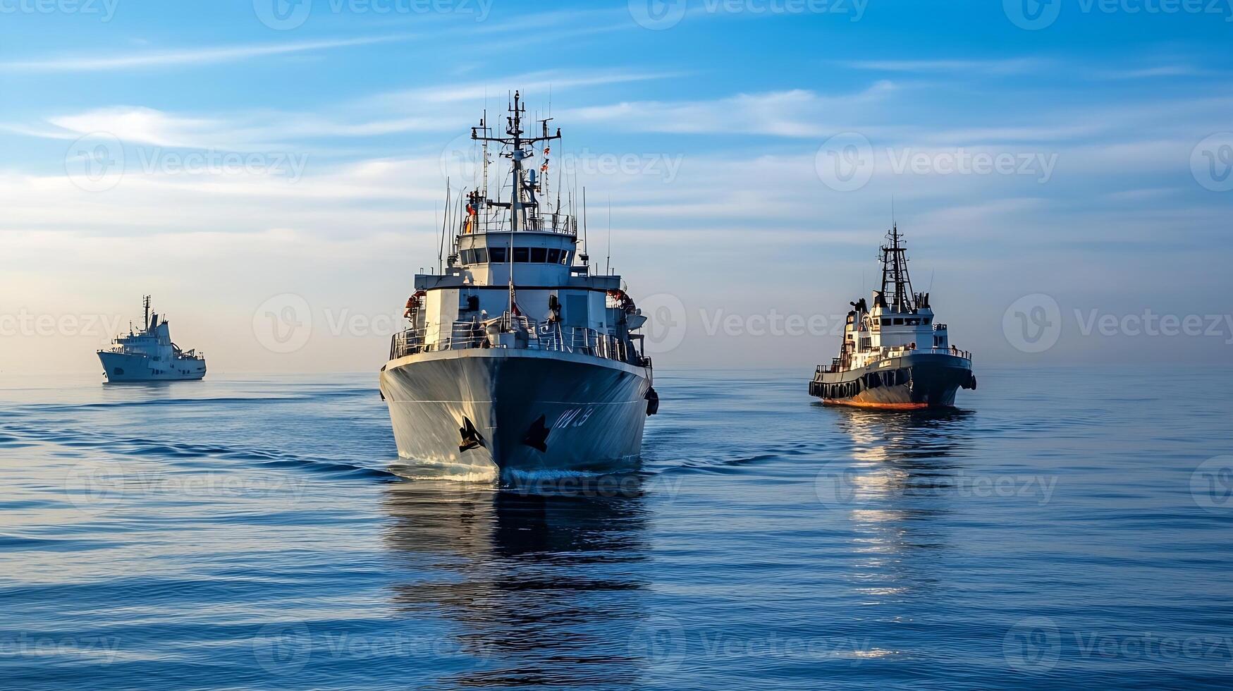 Navy ships sailing on calm sea during a beautiful sunrise with vibrant colors photo