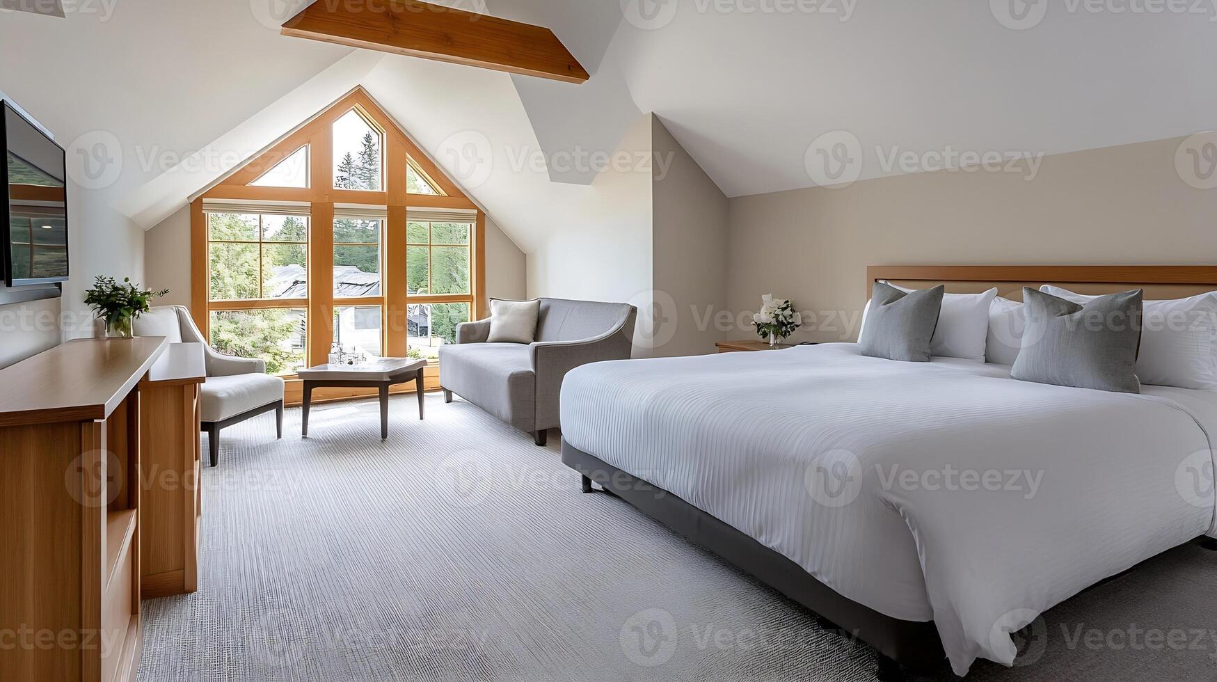Contemporary hotel suite with king-size bed and scenic mountain views through large windows photo