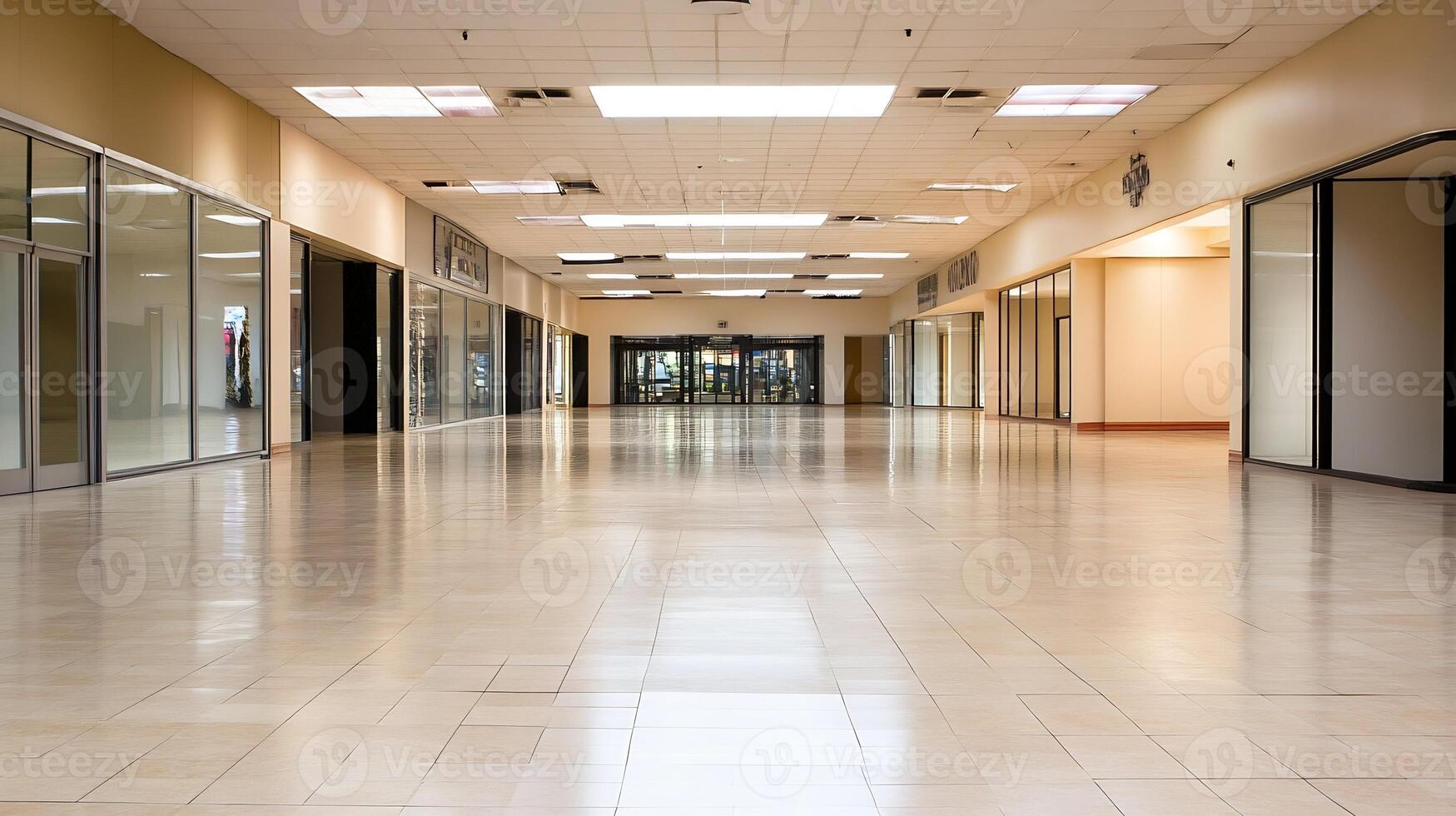 Empty Shopping Mall Corridor with Closed Shops and Bright Lighting photo