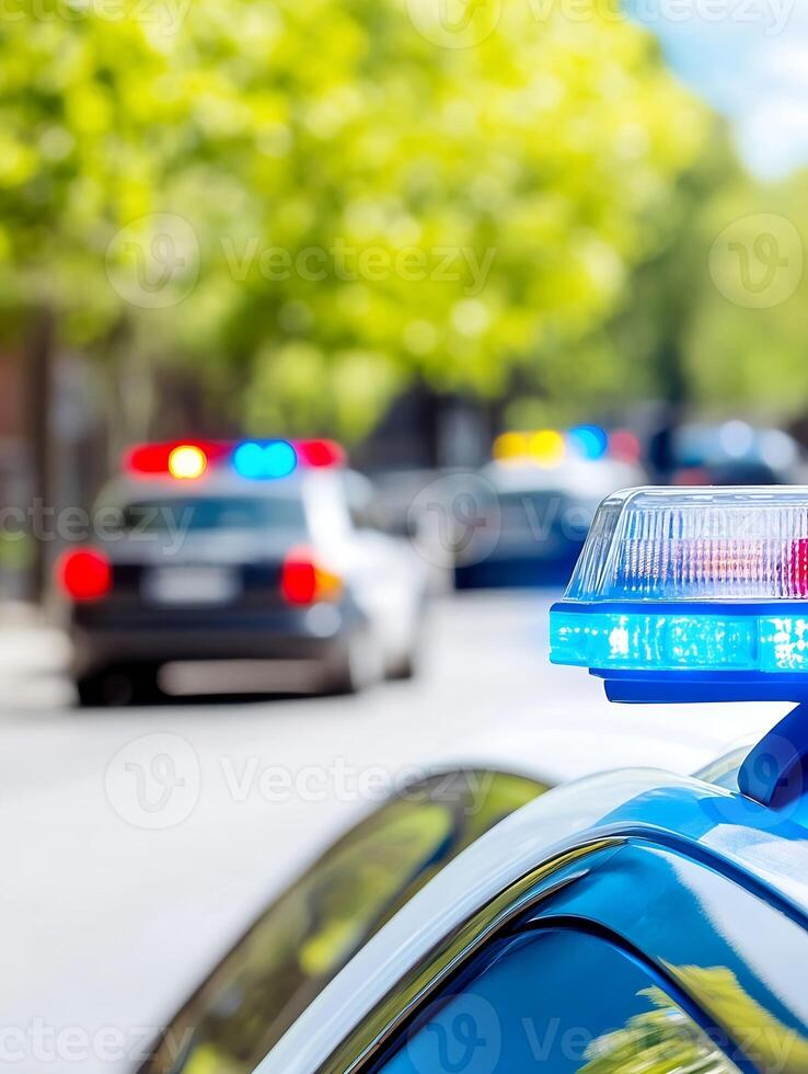 Police Cars Patrolling a Suburban Street with Flashing Lights on a Bright Day photo
