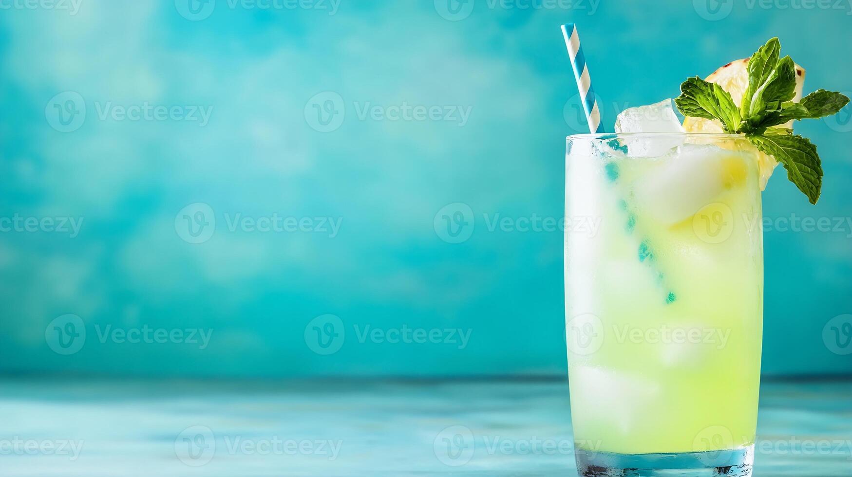 Refreshing summer lemonade with ice mint and striped straw on a blue background photo