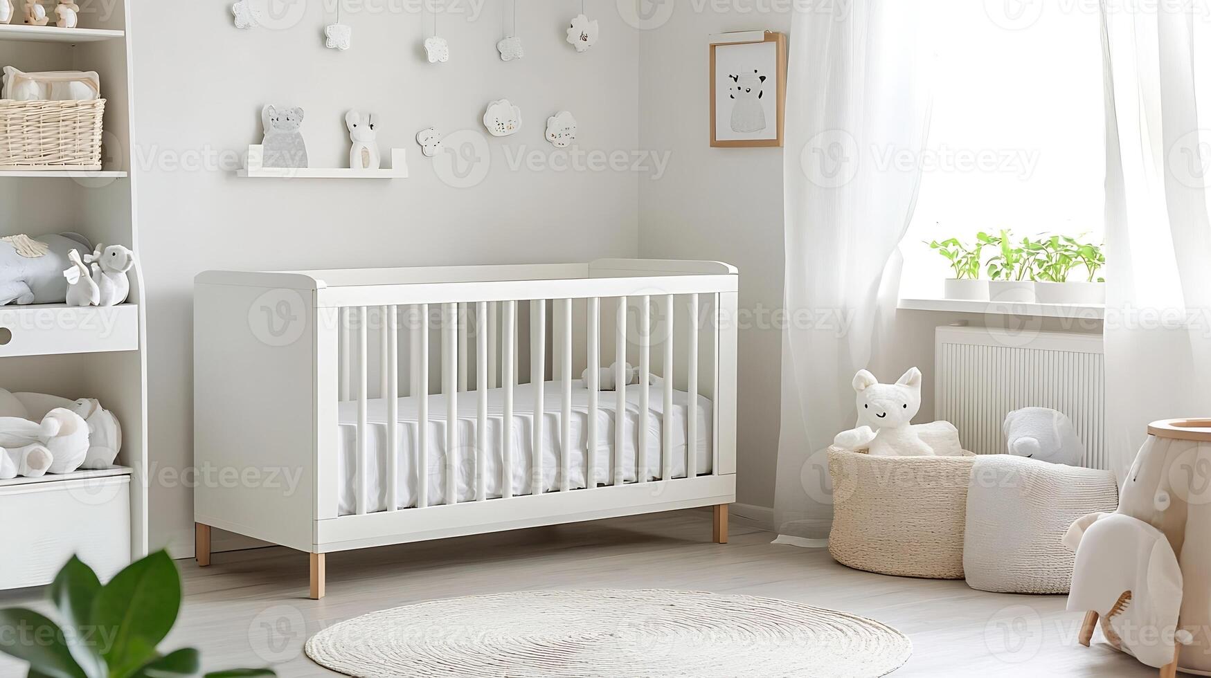 Minimalist White Nursery Room with Modern Crib Decor for Serene Infant Space photo