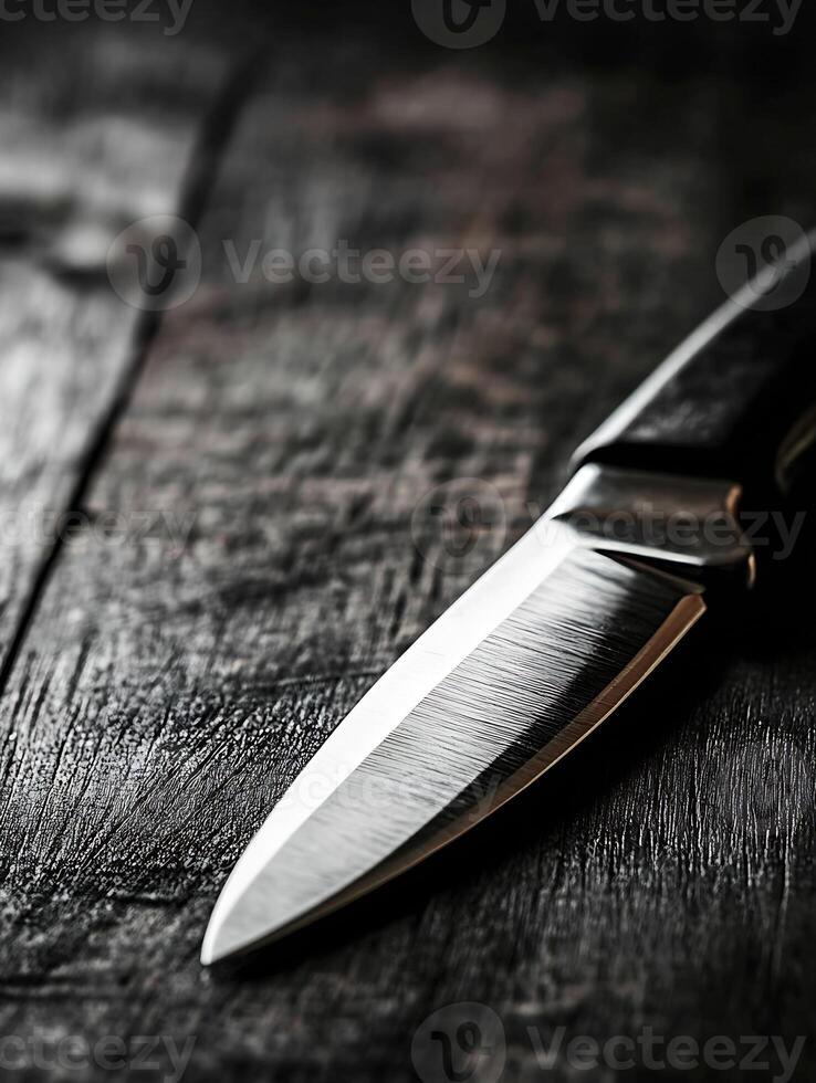 Sharp Steel Knife on Rustic Wooden Surface Close-Up for Culinary Themes photo