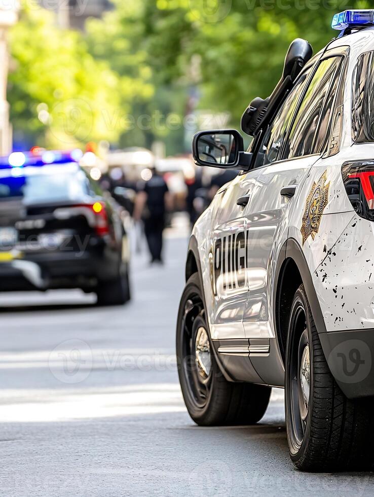 Police Vehicle with Flashing Lights at Adjacent Road Block in Urban Environment photo