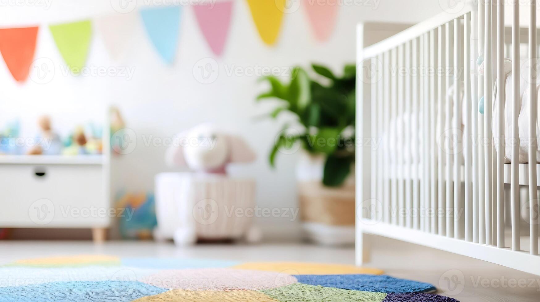 Bright and Colorful Playful Nursery with White Crib and Multicolored Decorations photo