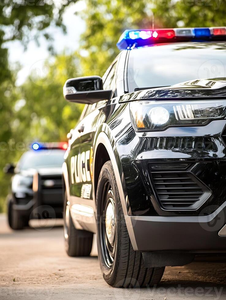 Police Vehicles Parked on Roadside with Flashing Lights in a Green Forest Setting photo