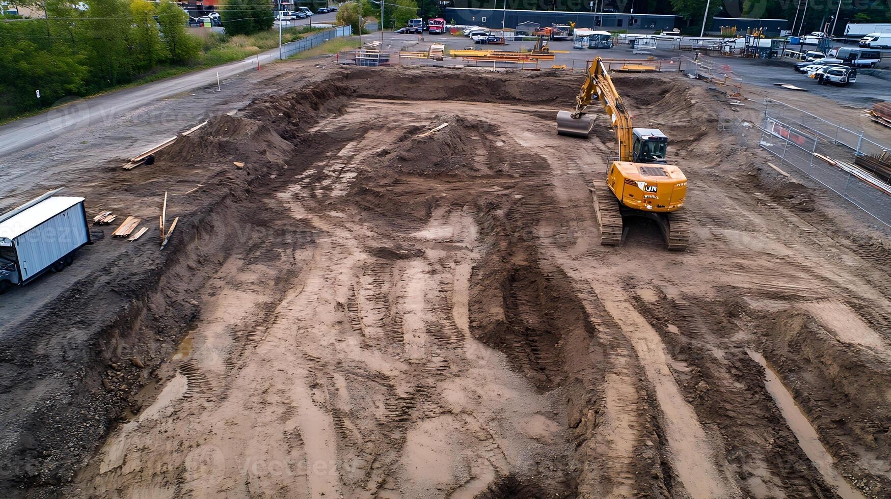 Large construction site with excavator and earth-moving equipment in progress photo