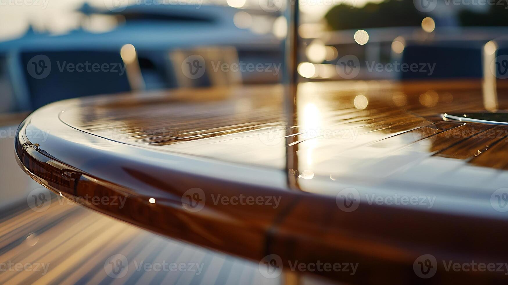 Closeup of Luxurious Yacht Table Reflecting Sunlight and Sea Views photo