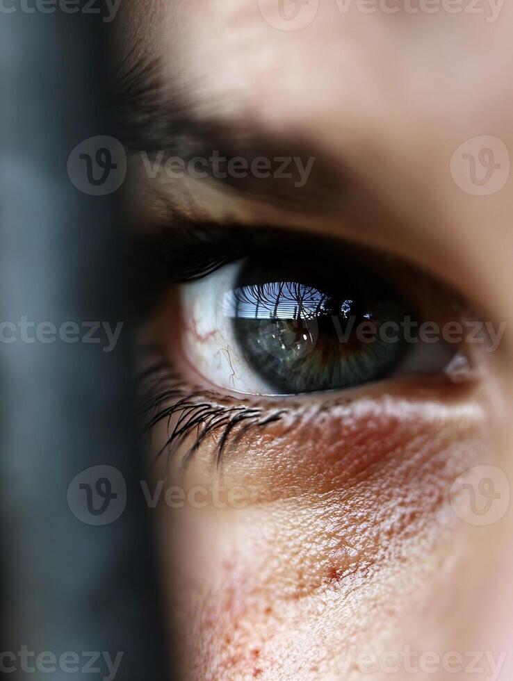Intense Close-Up of a Reflective Eye Gazing Through a Narrow Gap photo