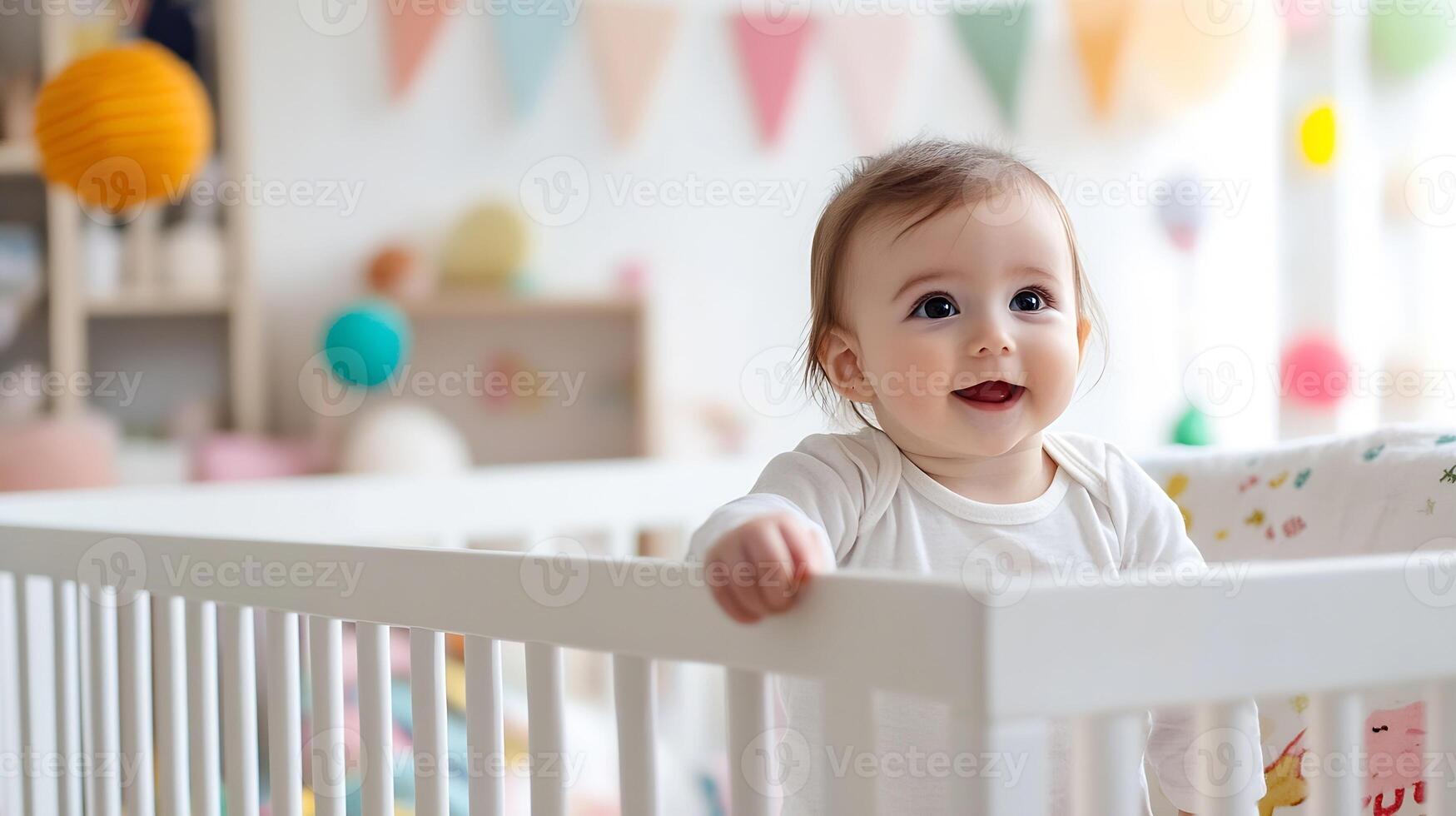 Adorable Baby Smiling in Bright Nursery with Colorful Bunting and Soft Toys photo