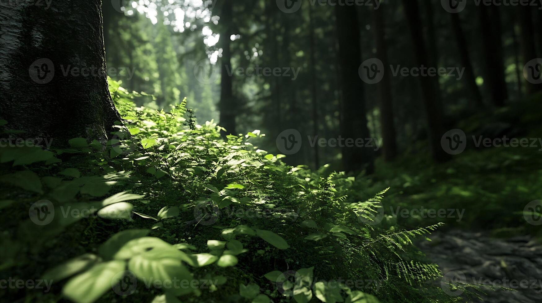 Lush Green Forest with Sunlight Filtering Through Foliage photo