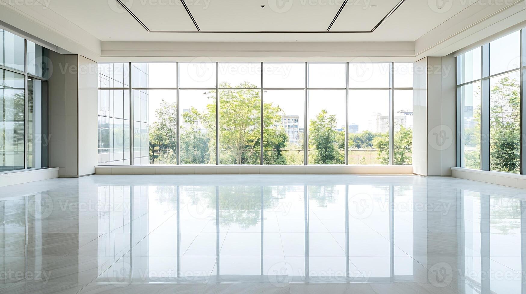 Spacious bright empty office interior with large panoramic windows and outdoor greenery view photo