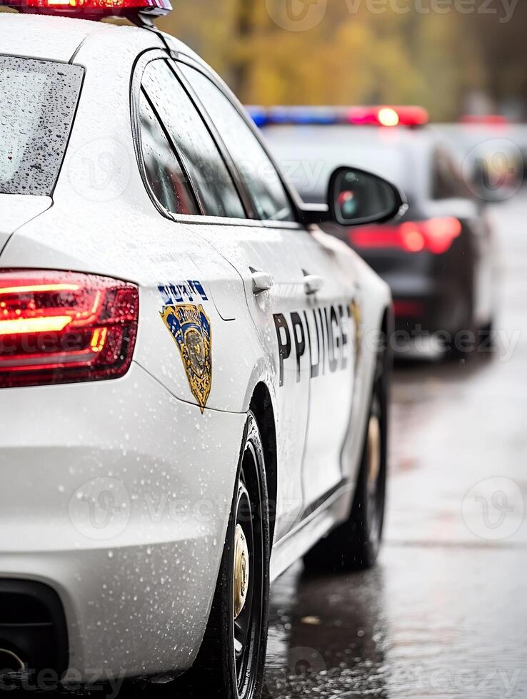 Police Car with Flashing Lights at Traffic Stop on a Rainy Day photo