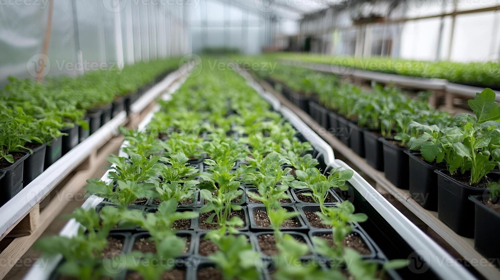 Greenhouse Full of Young Plants in Neat Rows Under Bright Natural Light Ready for Cultivation photo