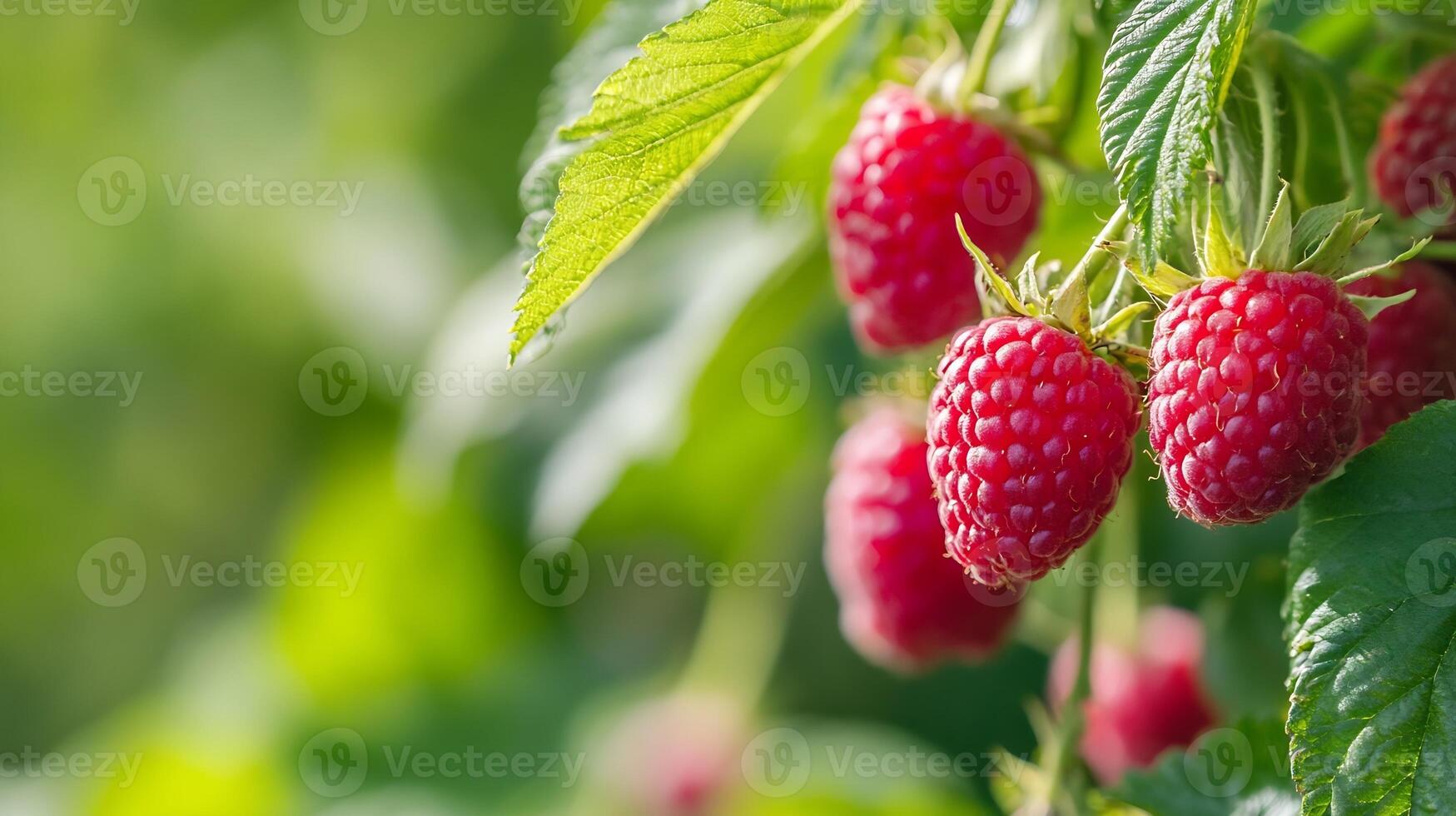 Fresh Ripe Raspberry Cluster on Bush with Lush Green Leaves in Summertime Garden photo