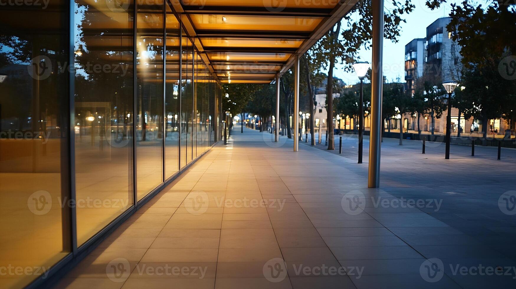 Modern Urban Sidewalk with Reflective Glass Architecture at Dusk in Bustling Cityscape photo