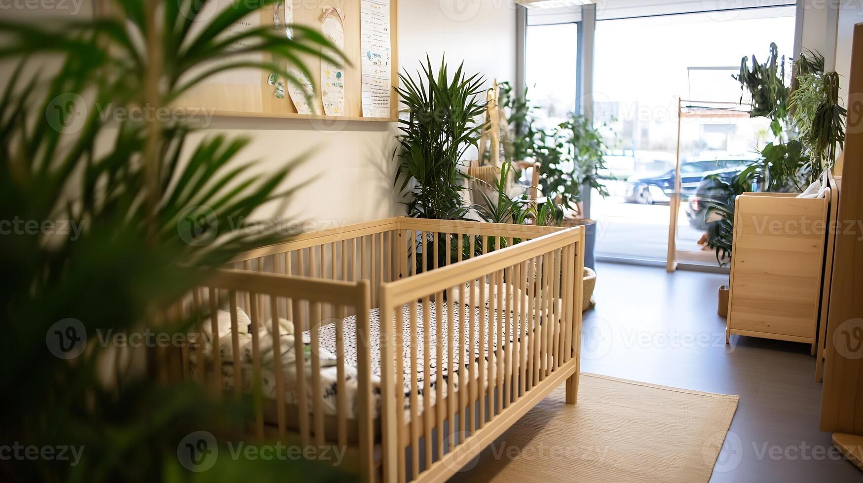 Cozy modern nursery room interior with natural wooden crib and lush green plants by a bright sunlit window photo