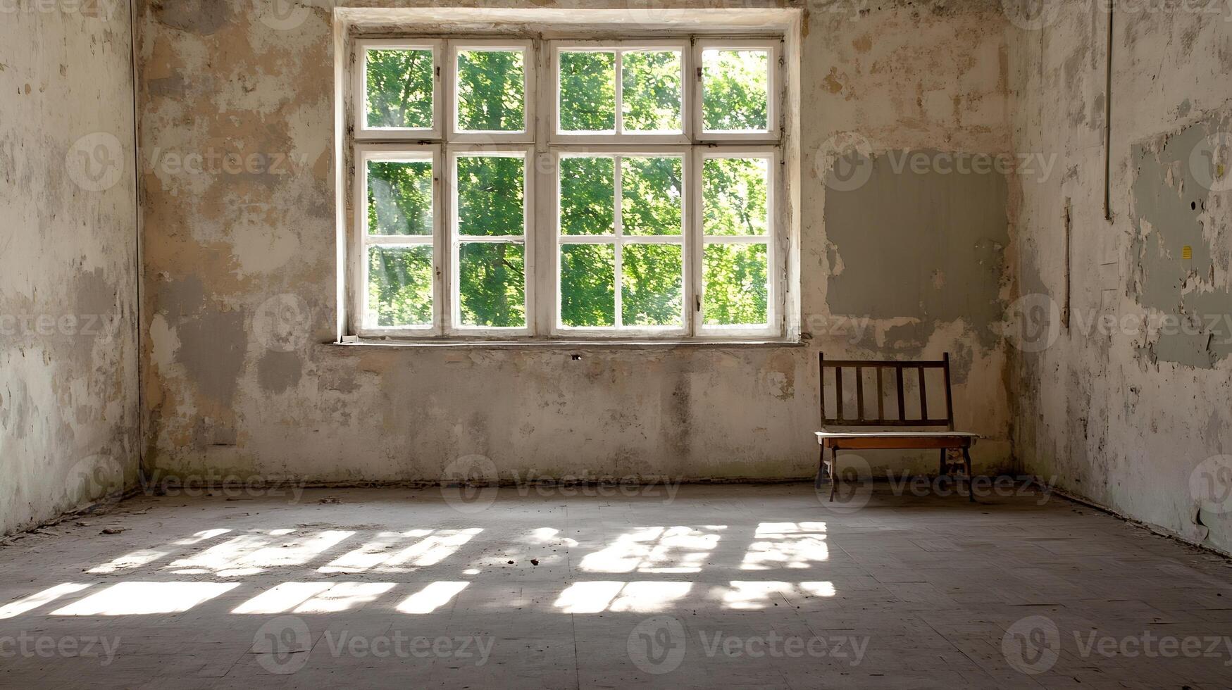 Sunlit abandoned room with rustic charm and large window casting shadows on the textured floor photo