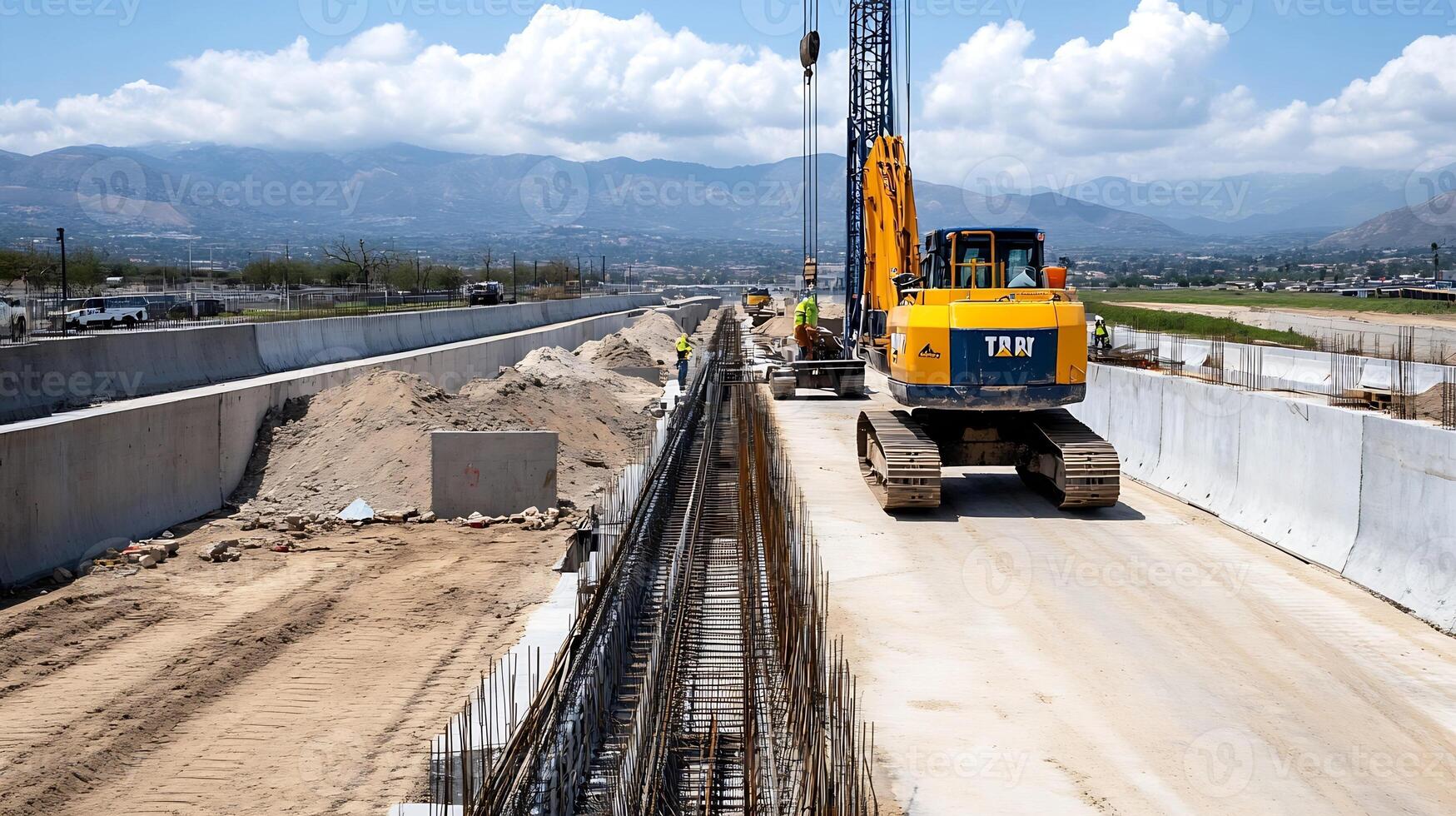 Construction Site with Heavy Machinery and Infrastructure Development Under Blue Sky photo