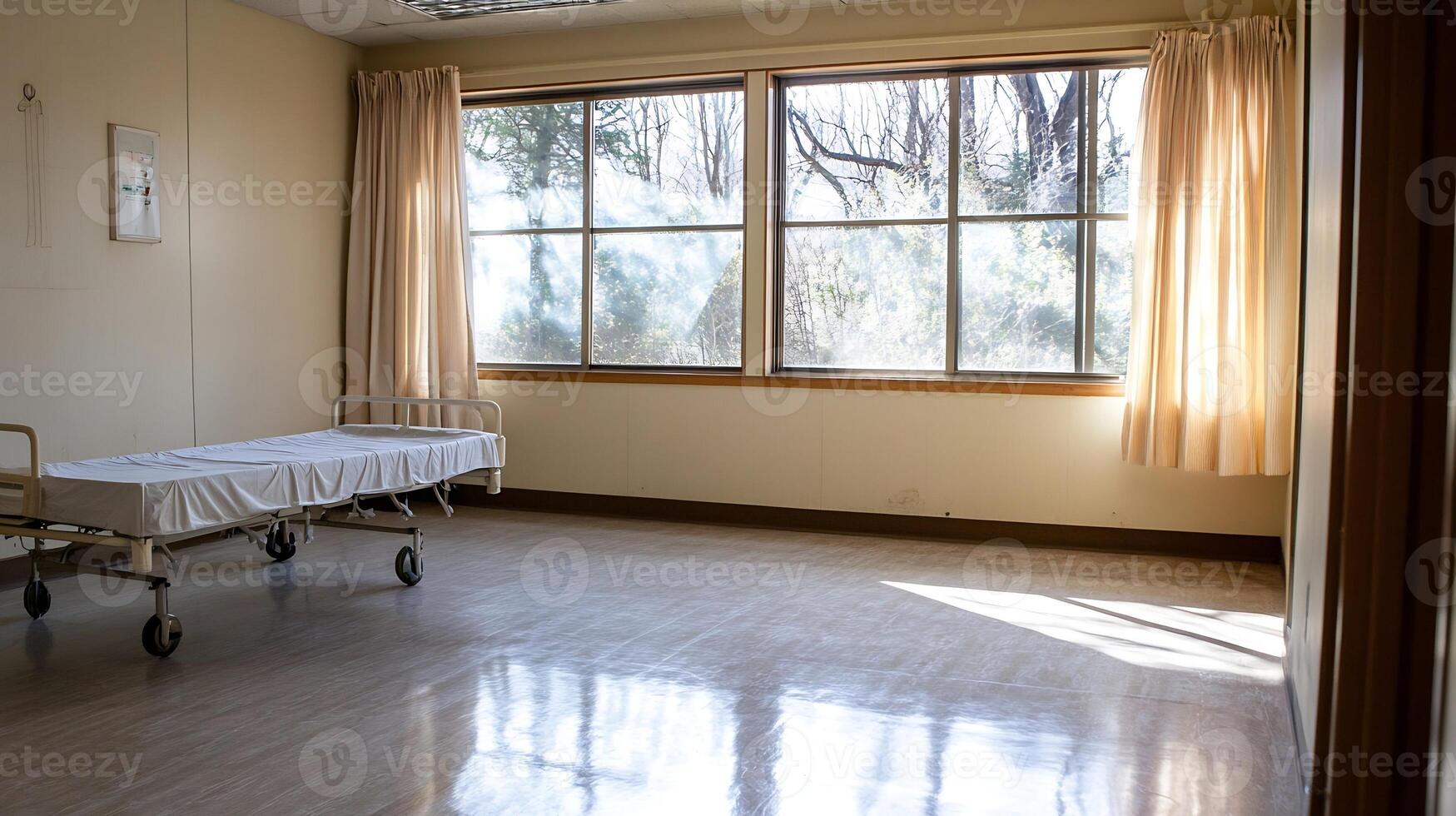 Empty Hospital Room with Bed and Sunlit Windows for Patient Recovery photo