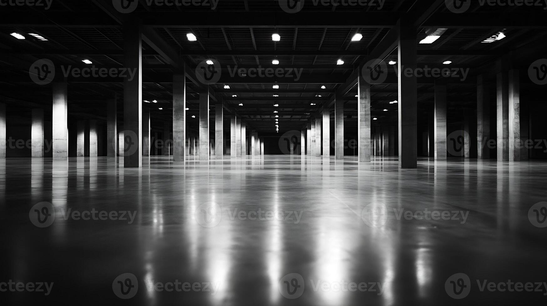 Expansive Empty Industrial Warehouse with Reflective Floors and Evenly Spaced Columns photo