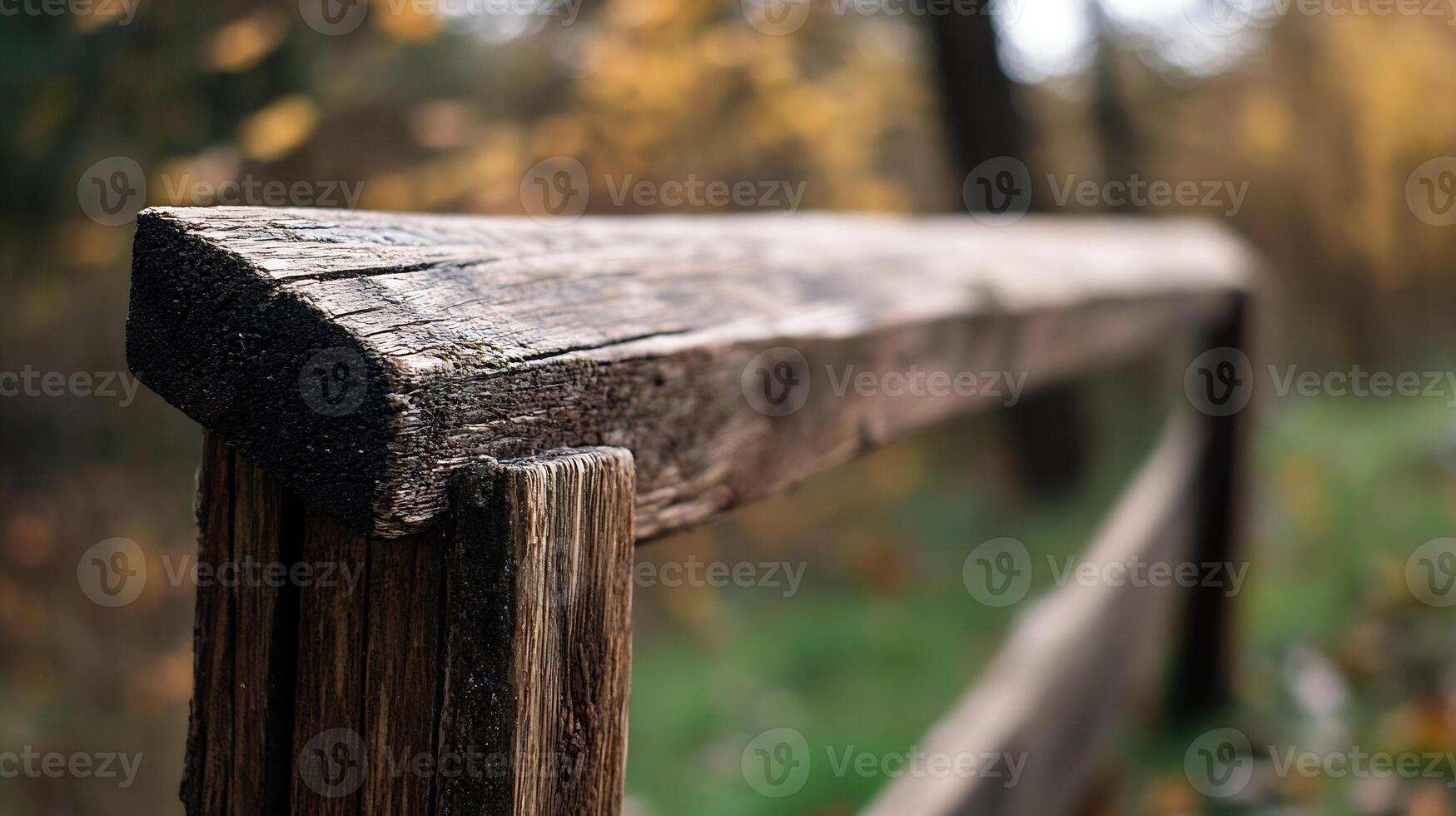 Close-Up of Rustic Wooden Fence in Autumnal Forest with Fallen Leaves and Soft Focused Background photo