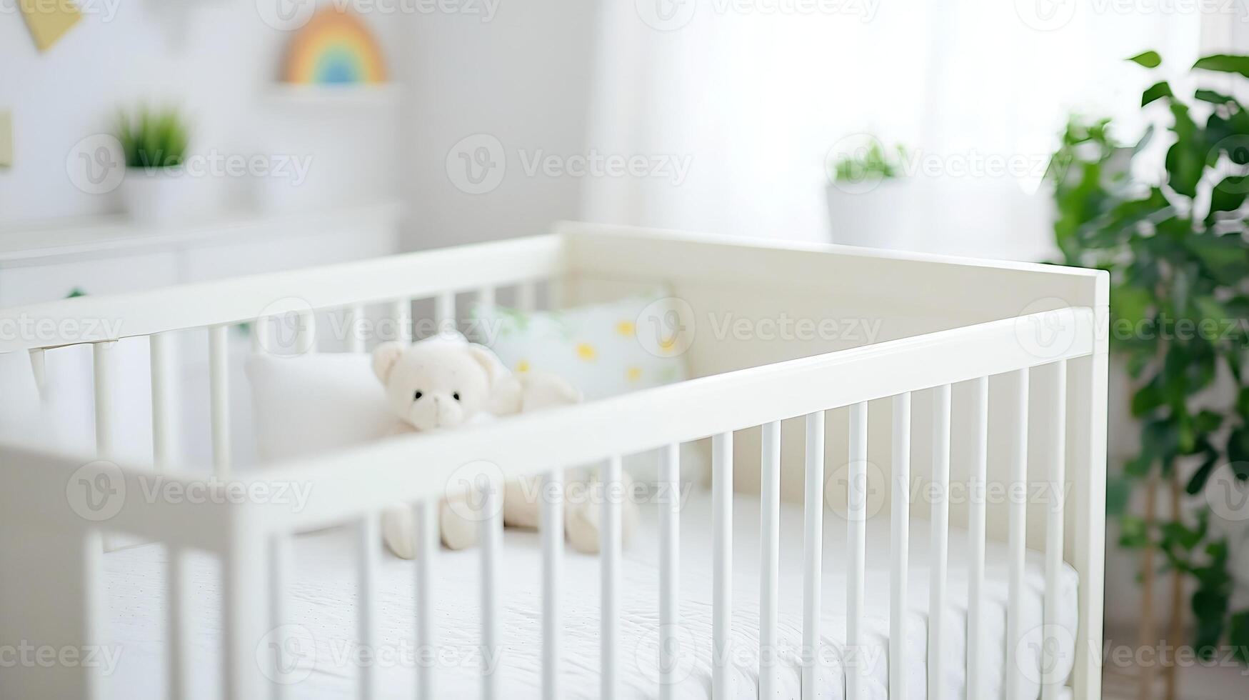 White Baby Crib with Soft Teddy Bear in Sunlit Bright Nursery photo