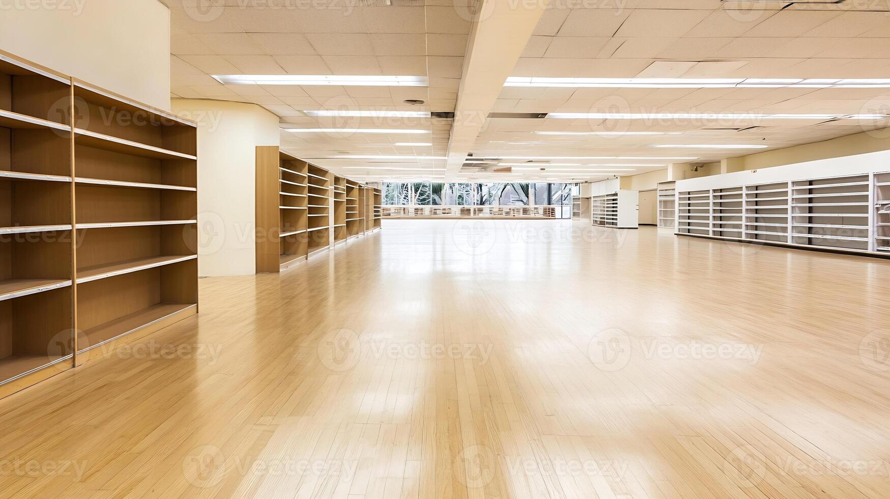 Spacious Empty Library or Office Space with Wooden Shelving and Bright Clean Design photo