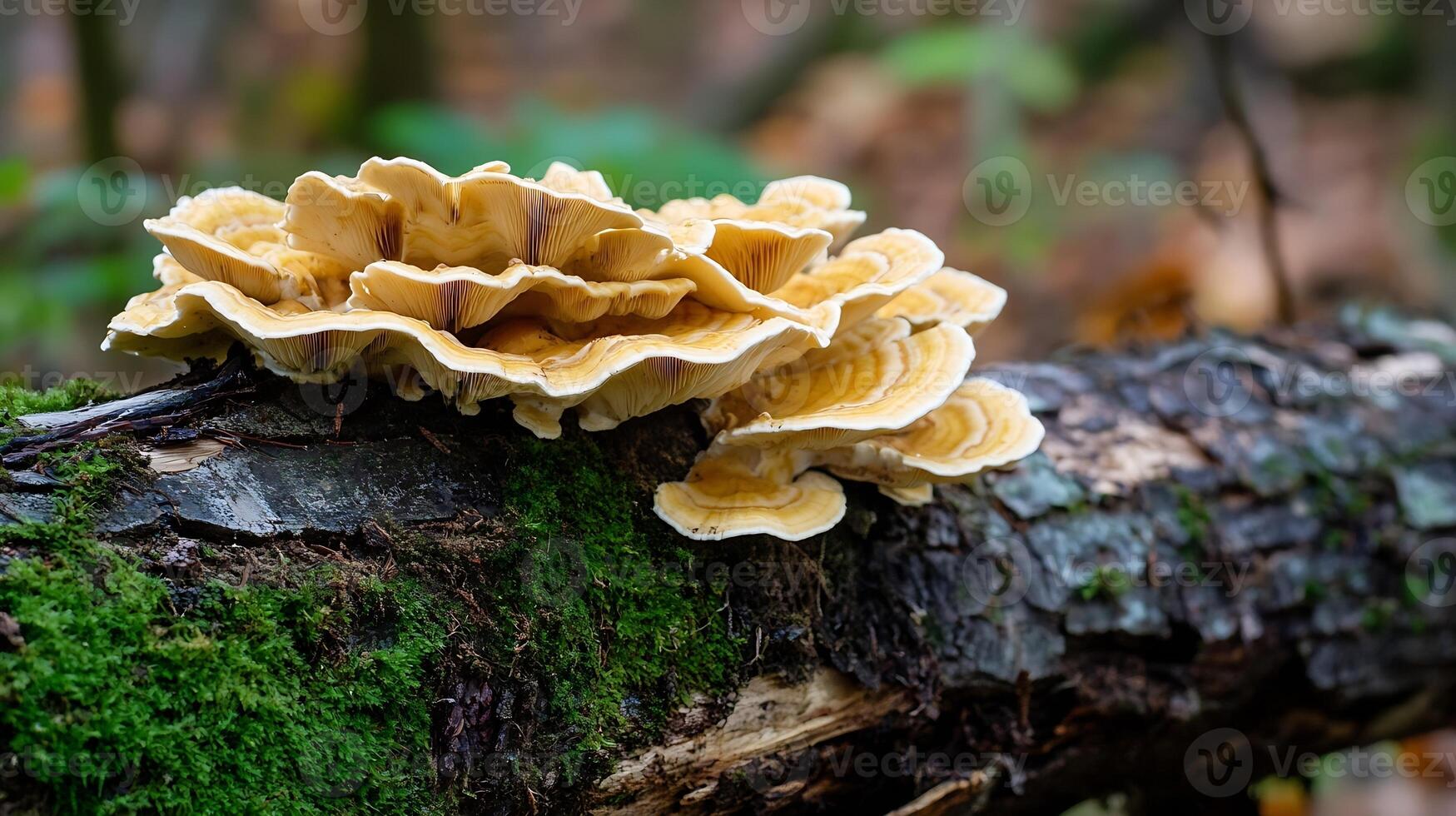Wild Wood Mushroom Growing on Mossy Log in Autumn Forest photo