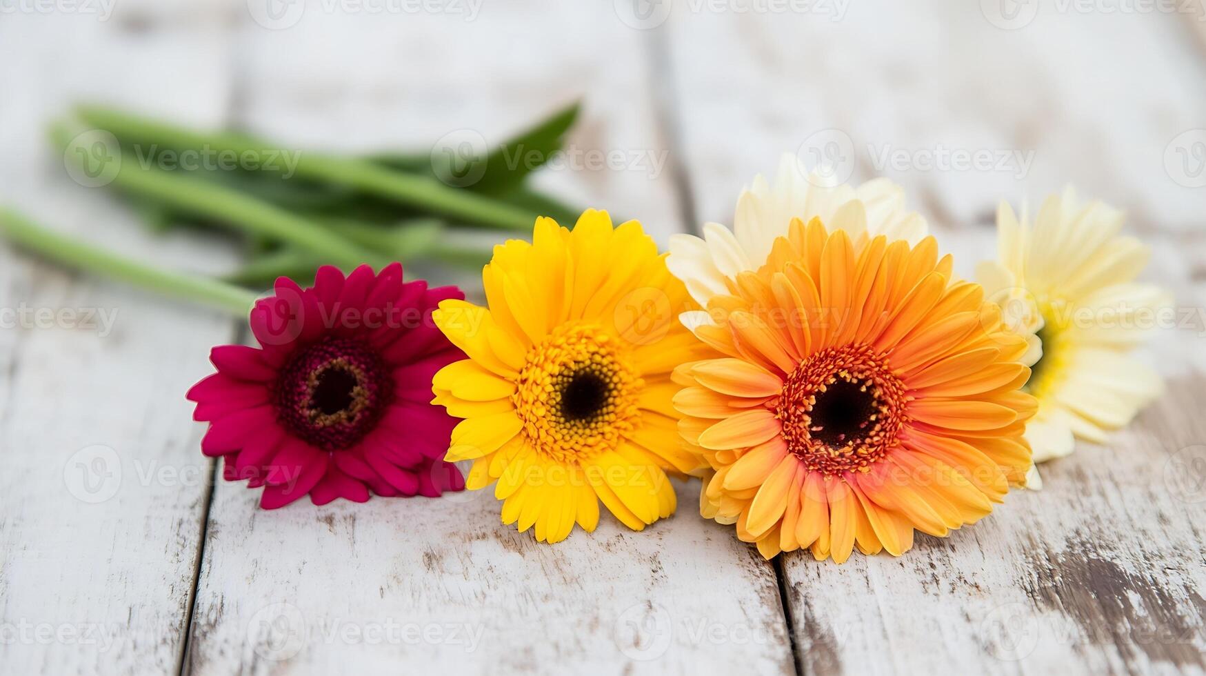 Vibrant Gerbera Daisies on Rustic Wooden Table Photographed in Natural Light photo