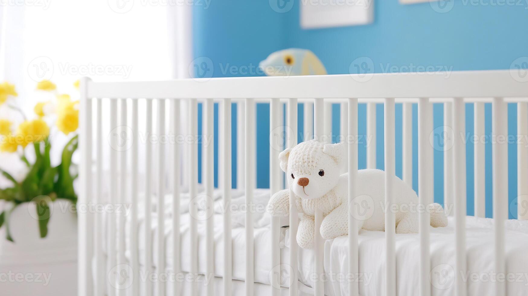 White Knitted Teddy Bear Toy in Modern Minimalist Baby Crib Nursery photo