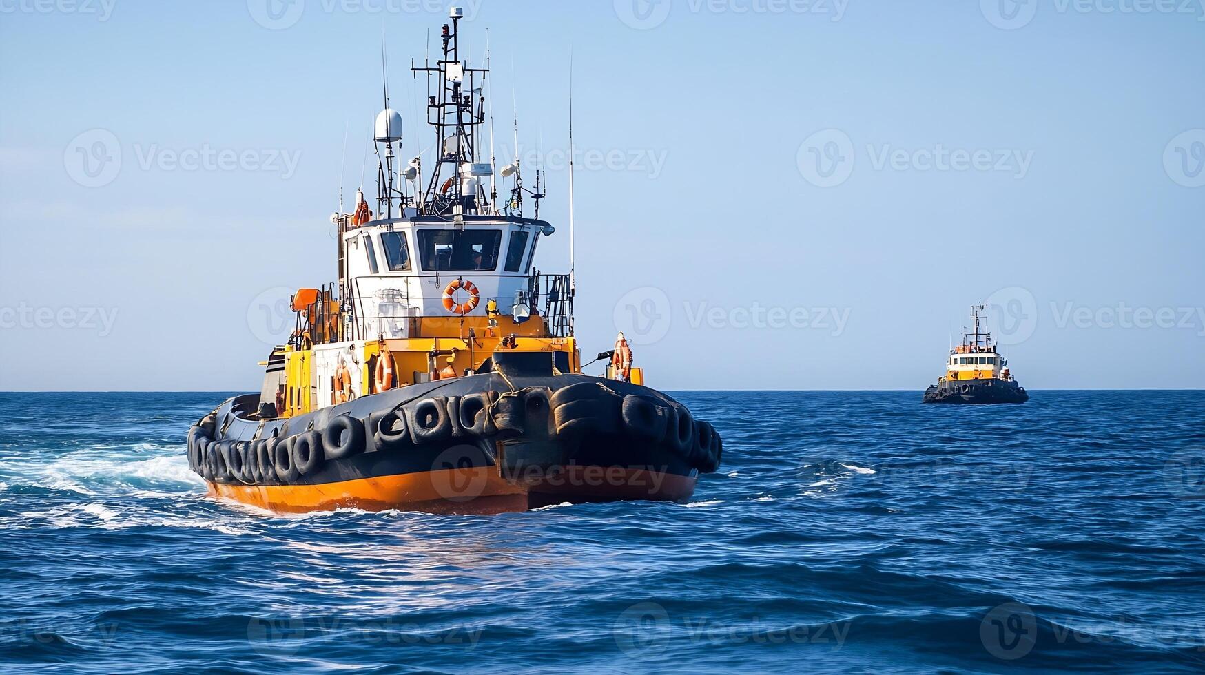 Tugboats Navigating Calm Ocean Waters Under Clear Blue Sky for Maritime Transport photo