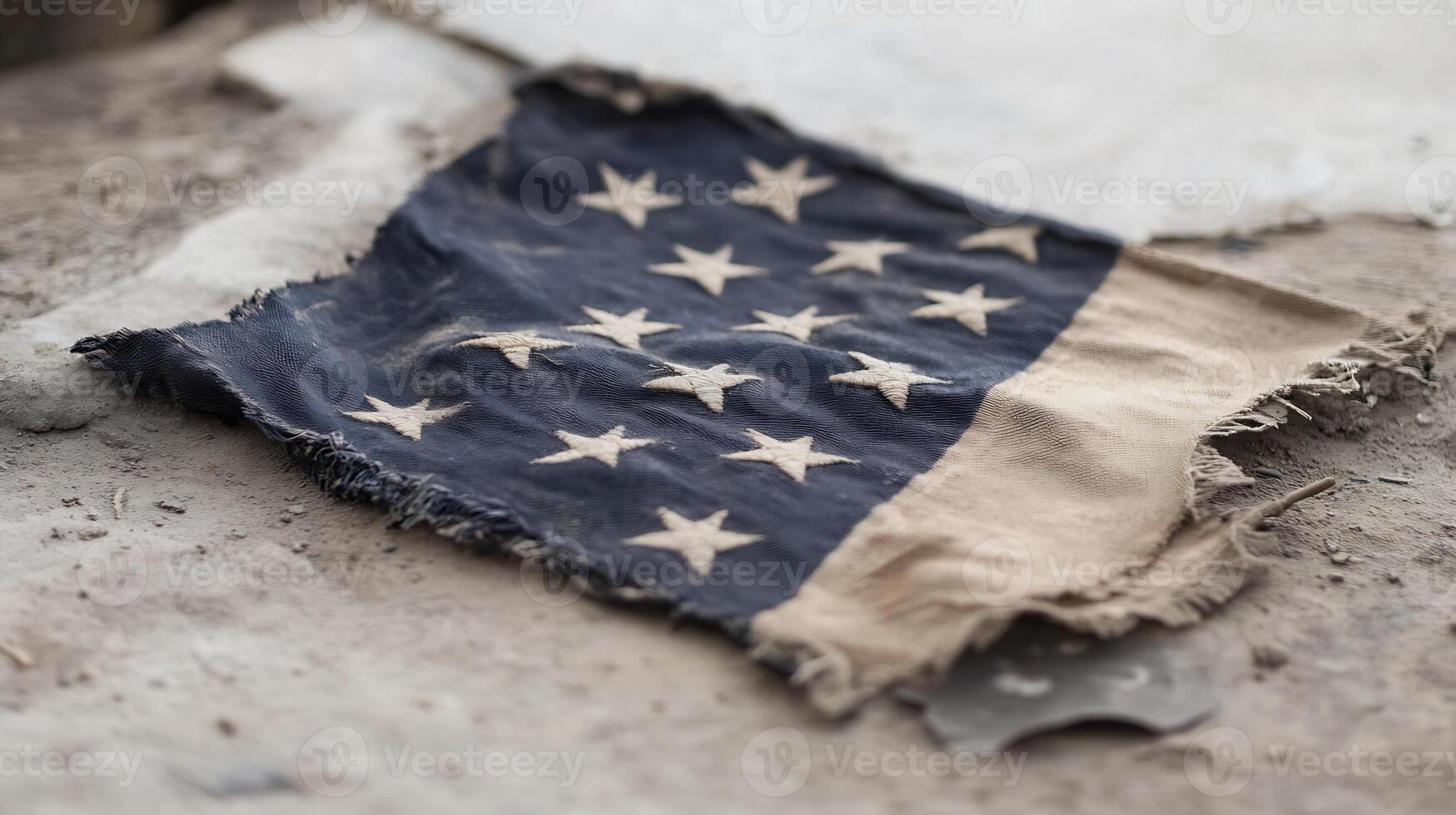 Weathered and dusty American flag lying on ground capturing historical essence and nostalgia photo
