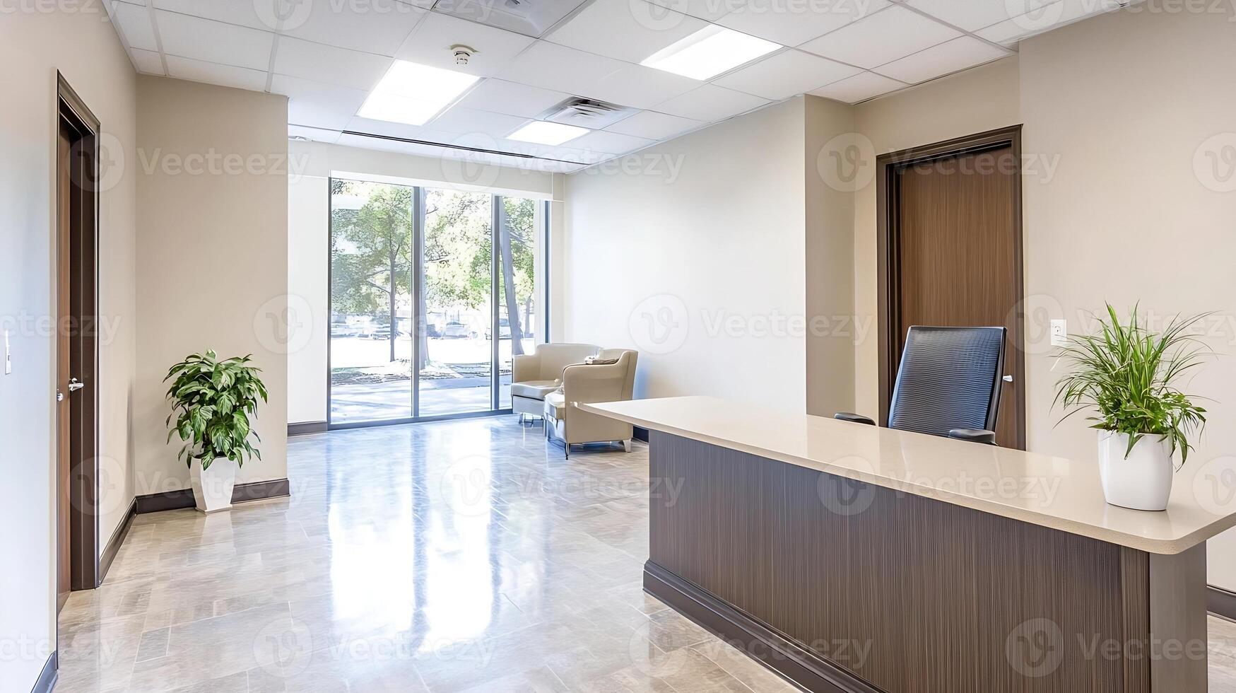 Modern Bright Office Lobby with Wooden Reception Desk and Large Windows with Natural Light photo