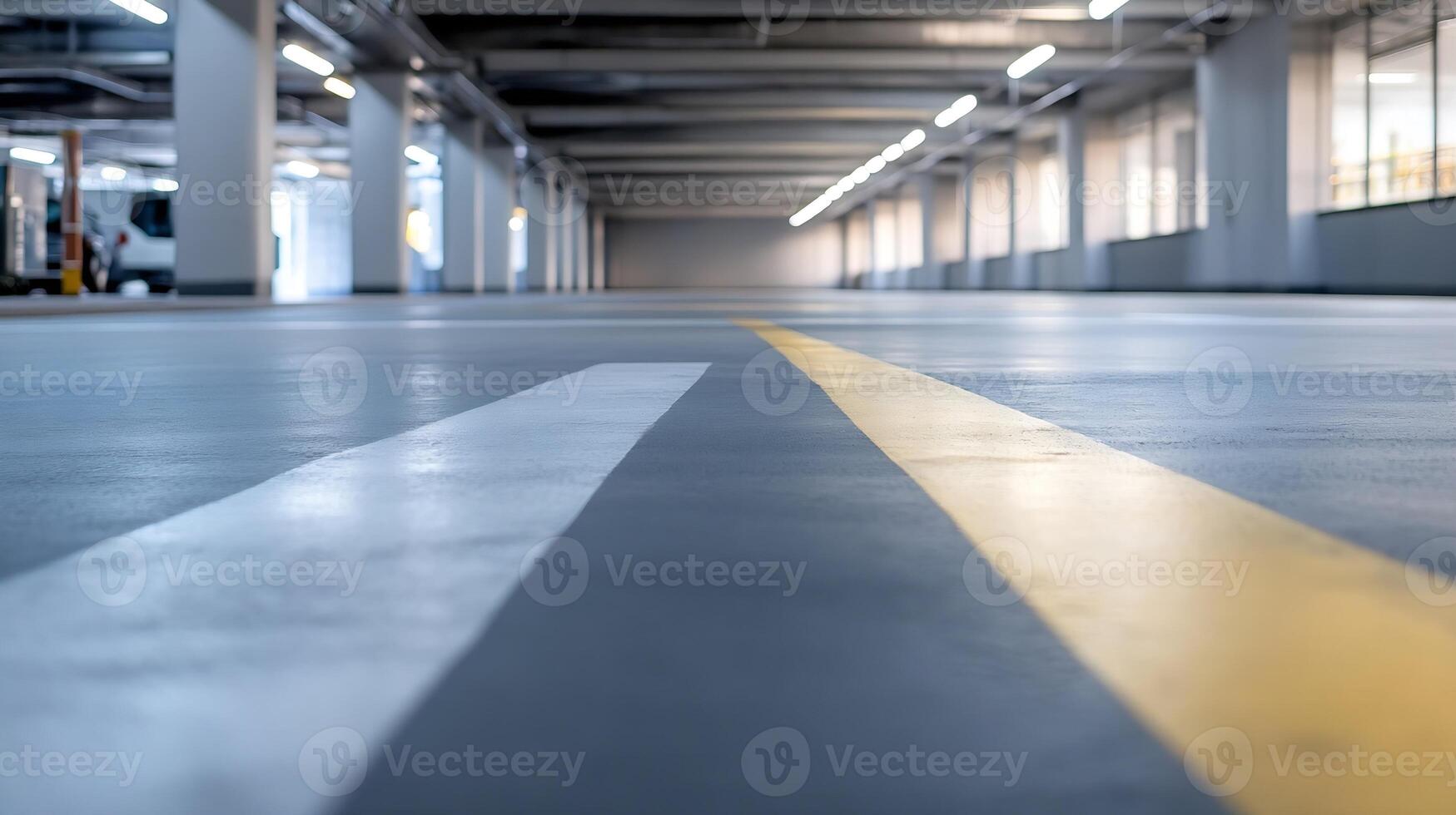 Modern underground parking garage with illuminated empty spaces and directional lines photo