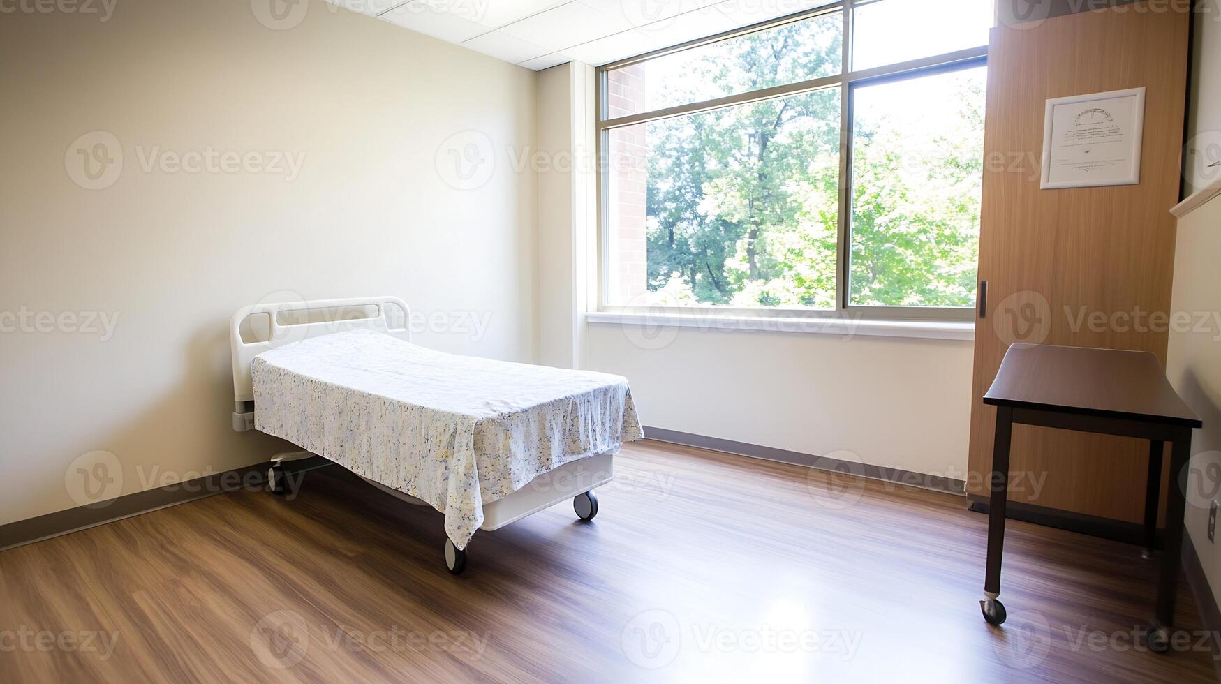 Simple Hospital Room with Single Bed and Large Window View of Nature photo